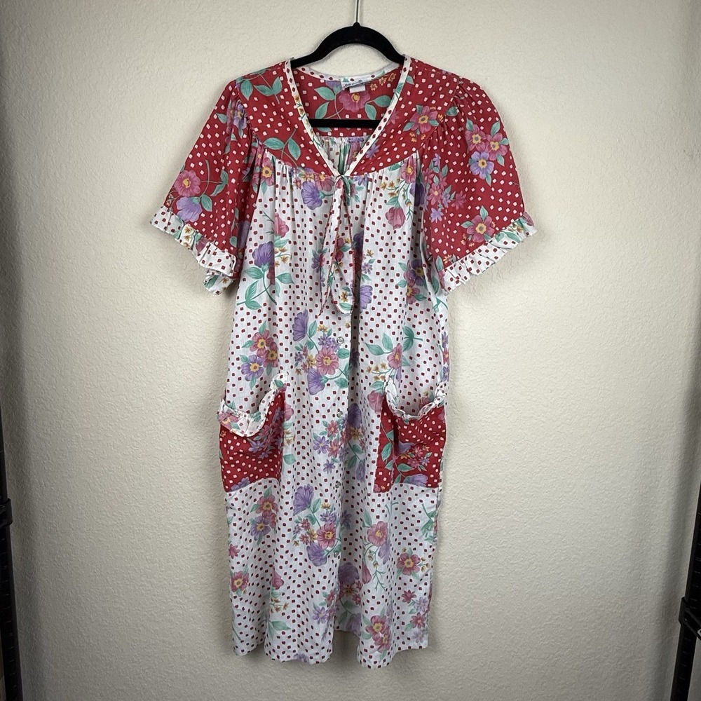 Vtg All Day Cafe‎ Red Purple Ruffle Sleeve Snap Front Nap House Dress Robe Sz M
